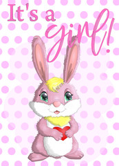 Baby Shower greeting card with Cute Rabbits girl