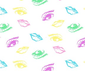 Seamless pattern of hand-drawn woman s eyes with shaped eyebrows and lips