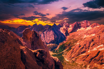 Stunning sunset over Marmolada massif, Dolomiti, Itay. Spectacular view over the Punta Rocca and other peaks in Dolomites mountains