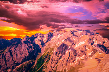 Stunning sunset over Marmolada massif, Dolomiti, Itay. Spectacular view over the Punta Rocca and other peaks in Dolomites mountains