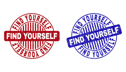 Grunge FIND YOURSELF round stamp seals isolated on a white background. Round seals with grunge texture in red and blue colors.