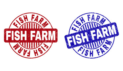 Grunge FISH FARM round stamp seals isolated on a white background. Round seals with grunge texture in red and blue colors. Vector rubber watermark of FISH FARM caption inside circle form with stripes.