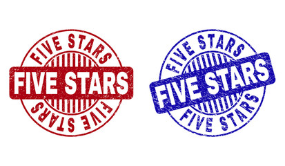 Grunge FIVE STARS round stamp seals isolated on a white background. Round seals with grunge texture in red and blue colors. Vector rubber overlay of FIVE STARS caption inside circle form with stripes.