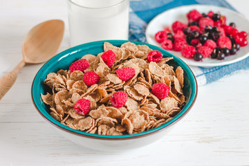 Breakfast cereal with milk on a white background. Flakes on a plate. Muesli with berries and milk