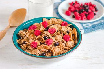 Breakfast cereal with milk on a white background. Flakes on a plate. Muesli with berries and milk