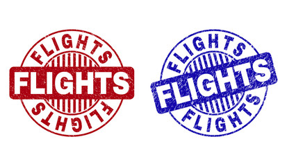 Grunge FLIGHTS round stamp seals isolated on a white background. Round seals with grunge texture in red and blue colors. Vector rubber imitation of FLIGHTS label inside circle form with stripes.