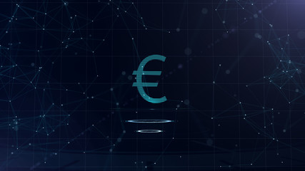 A superb 3d Euro sign. Space blue cyberspace backdrop with internet connections. Euro currency is on two virtual glowing circles.