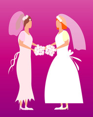 illustration of two women in wedding dresses. Concept of gay love, lgbt movement, free love, gay rights, lesbian rights, equality, pride parade