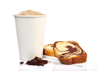 coffee cup and pound cake on white background