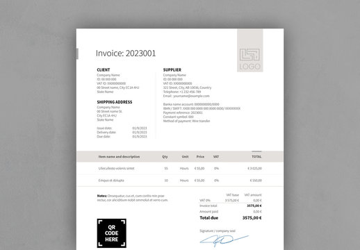 Invoice with Gray Header and Footer Elements