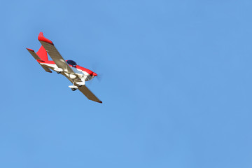 Yaslo, Poland - 9 3 2019: A light sport turboprop aircraft flies across the sky among the rainy clouds. Landing in difficult weather conditions. Meteorology and weather forecast for aviation