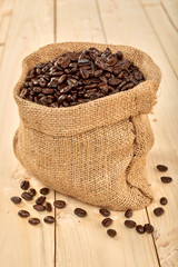 Coffee beans in fabric sack