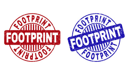 Grunge FOOTPRINT round stamp seals isolated on a white background. Round seals with grunge texture in red and blue colors. Vector rubber imprint of FOOTPRINT title inside circle form with stripes.