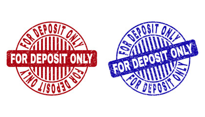 Grunge FOR DEPOSIT ONLY round stamp seals isolated on a white background. Round seals with grunge texture in red and blue colors.