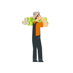 Handyman Carrying Rolls of Wallpaper on Shoulder, Male Construction Worker Character in Paper Cap with Professional Equipment Vector Illustration