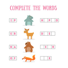 Complete The Words, Educational Game for Kids, Hippo, Deer, Bear, Fox Vector Illustration