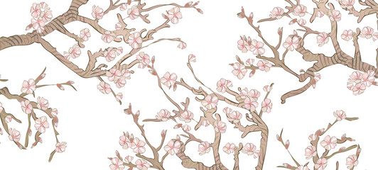 Spring almond branch, flowers. Blooming tree vintage. Boho style. By pictures Vincent Van Gogh almond branch retro.