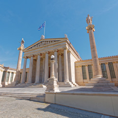 Athens Greece, the national academy doric colonnade facade with Athena and Apollo statues