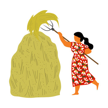 A woman from the village piles a fork in a hay stack on a white background. Cute flat isolated vector