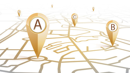 gps pin icon gold color A to F point showing form the street map on white background.vector illustration