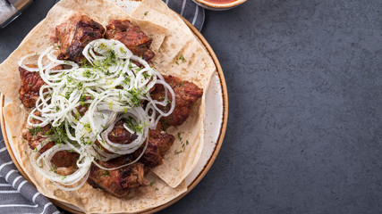 Pork shish kebab with onion and red sauce. Grilled meat.  Top view. Copy space