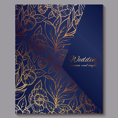Exquisite royal luxury wedding invitation, gold on blue background with frame and place for text, lacy foliage made of roses or peonies with golden shiny gradient.