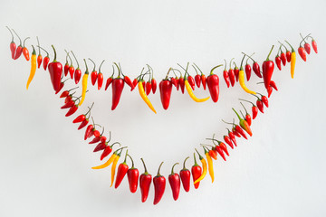 Low hot pepper on a white background. The bitter taste of a generous summer.     Разноцветные и разнообразные по форме и цвету струны острого перца нанизаны на нить.  
