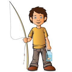 Obraz premium The boy caught a fish with a fishing rod.