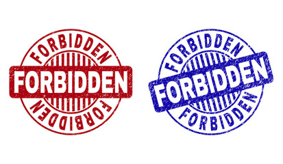 Grunge FORBIDDEN round stamp seals isolated on a white background. Round seals with grunge texture in red and blue colors. Vector rubber imitation of FORBIDDEN title inside circle form with stripes.