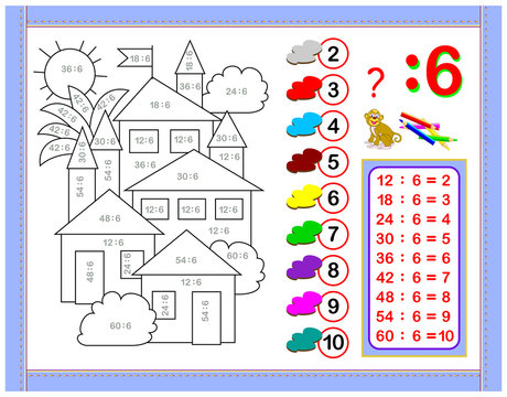 Exercises for kids with division by number 6. Paint the picture. Educational page for mathematics baby book. Printable worksheet for children textbook. Back to school. Vector cartoon image.