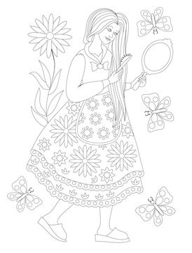 Black and white page for coloring book. Fantasy drawing of beautiful girl combing hair. Worksheet for children and adults. Hand-drawn vector image on computer by graphic tablet.