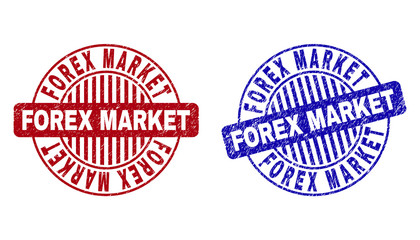 Grunge FOREX MARKET round stamp seals isolated on a white background. Round seals with grunge texture in red and blue colors.