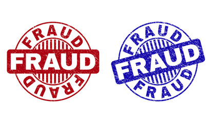 Grunge FRAUD round watermarks isolated on a white background. Round seals with grunge texture in red and blue colors. Vector rubber imitation of FRAUD caption inside circle form with stripes.