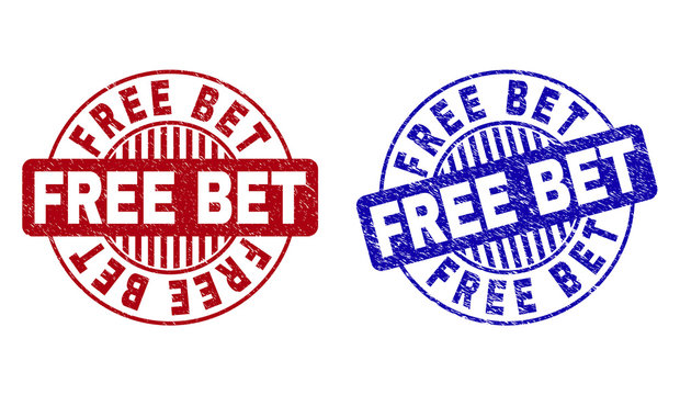 Grunge FREE BET round stamp seals isolated on a white background. Round seals with grunge texture in red and blue colors. Vector rubber overlay of FREE BET title inside circle form with stripes.