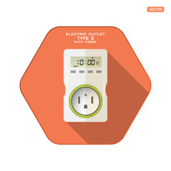 Vector isolated icon of white electrical socket type B with digital timer, four buttons and LCD screen on the red hexagon background with shadow for use in USA, Canada, Mexico.