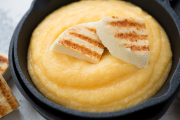 Close-up of polenta served with grilled cheese, horizontal shot, selective focus