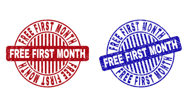 Grunge FREE FIRST MONTH round stamp seals isolated on a white background. Round seals with grunge texture in red and blue colors.