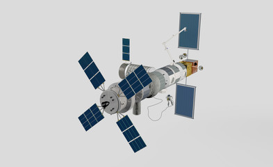 Stazione spaziale Gateway per la nuova missione spaziale verso la luna nel 2026. Rendering 3D su fondo neutro © robynt