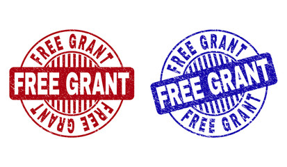 Grunge FREE GRANT round stamp seals isolated on a white background. Round seals with grunge texture in red and blue colors. Vector rubber watermark of FREE GRANT label inside circle form with stripes.