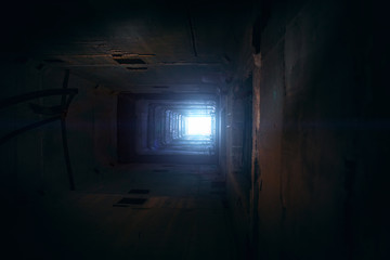 Light in end of old grungy concrete tunnel or tube or corridor, abstract way to hope concept in...