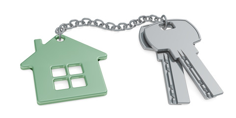 Key to a new home concept - House keys with trinket house isolated on white. 3d rendering