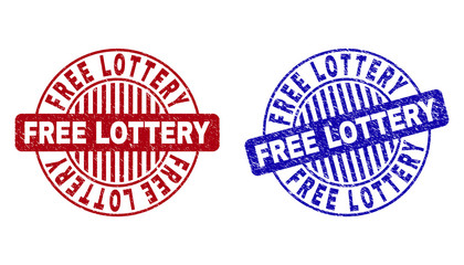 Grunge FREE LOTTERY round stamp seals isolated on a white background. Round seals with grunge texture in red and blue colors.