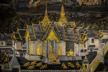 The Ramakien (Ramayana) mural paintings along the galleries of the Temple of the Emerald Buddha, grand palace or wat phra kaew Bangkok Thailand