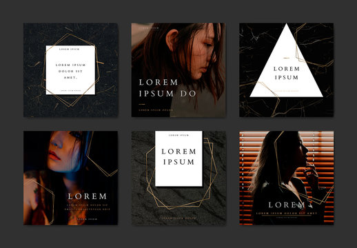 Dark Social Media Post Layouts with Gold Geometric Accents