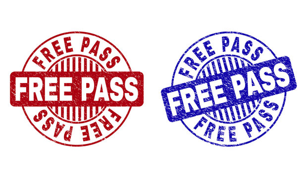 Grunge FREE PASS round stamp seals isolated on a white background. Round seals with grunge texture in red and blue colors. Vector rubber imitation of FREE PASS caption inside circle form with stripes.