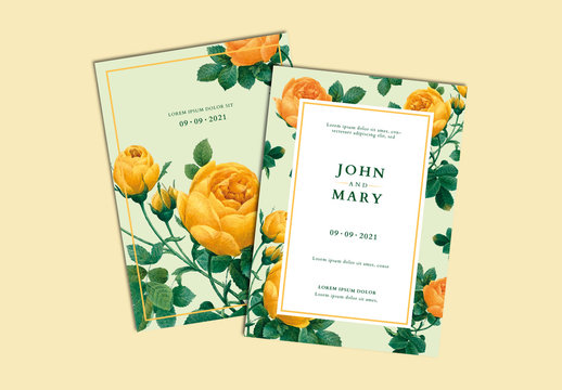 Wedding Invitation Layout with Yellow and Green Floral Elements