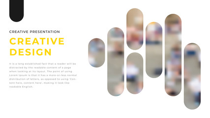 Modern business presentation design with yellow shapes & rounded photos on white background. Editable annual report flyer leaflet corporate presentation banner design template. Simple webpage design