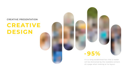 Modern business presentation design with yellow shapes & rounded photos on white background. Editable annual report flyer leaflet corporate presentation banner design template. Simple webpage design