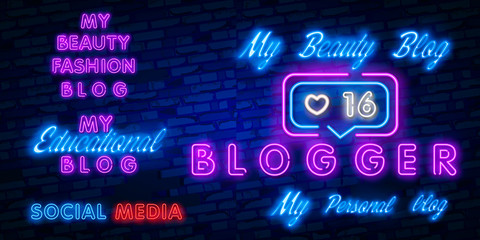 Blogger. My Beauty Blog neon sign vector. Blogging Design template neon sign, light banner, neon signboard, nightly bright advertising, light inscription. Vector illustration