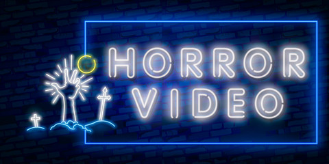 Horror Movie neon sign, bright signboard, light banner. Halloween greeting card. Night cinema. Zombie Hand icon. Happy Halloween logo, emblem. Vector illustration